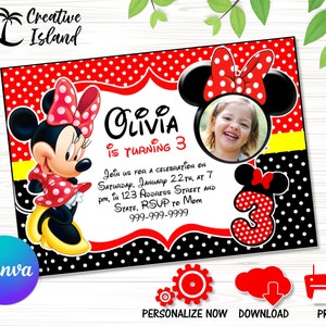 Minnie Mouse Classic Red Geburtstagseinladungsvorlage, Canva Bearbeitbare Einladung, Sofortiger Download Einladen, druckbare Partyeinladungskarte