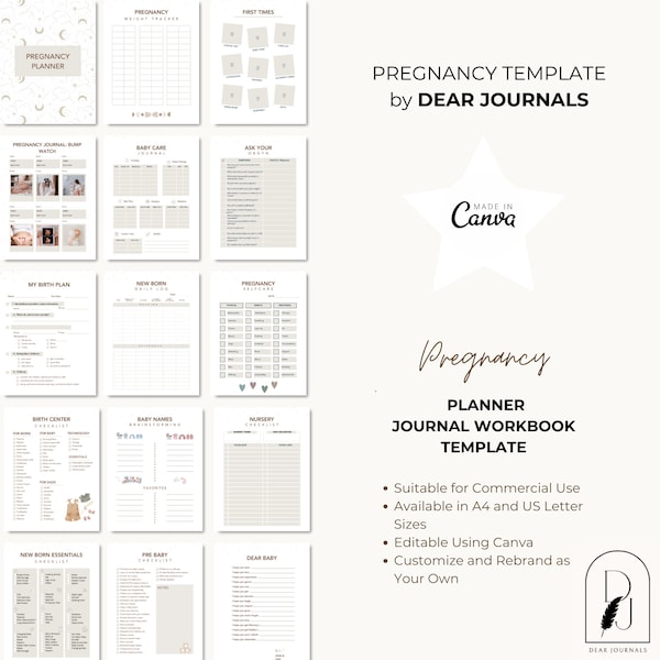 Journal Canva Grossesse pour femmes enceintes | Agenda de grossesse modifiable | Modèle de journal imprimable pour nouvelle maman | Baby Shower | Chers journaux