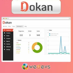 Puede incluir: Una captura de pantalla de un panel de control de Dokan que muestra datos de ventas, incluidas las visitas a la página, los pedidos y las ventas. El panel de control también incluye un gráfico que muestra el número de artículos vendidos y el número de pedidos a lo largo del tiempo. El texto "wedevs" se muestra en la parte inferior de la pantalla.