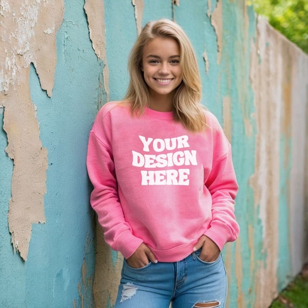 Gildan 18000 Heliconia Sweatshirt Mockup | Safety Pink Mockup Pink | Crewneck Mock-up | G180 Gildan Pink Sweater Mockup | Pink Gildan Mockup