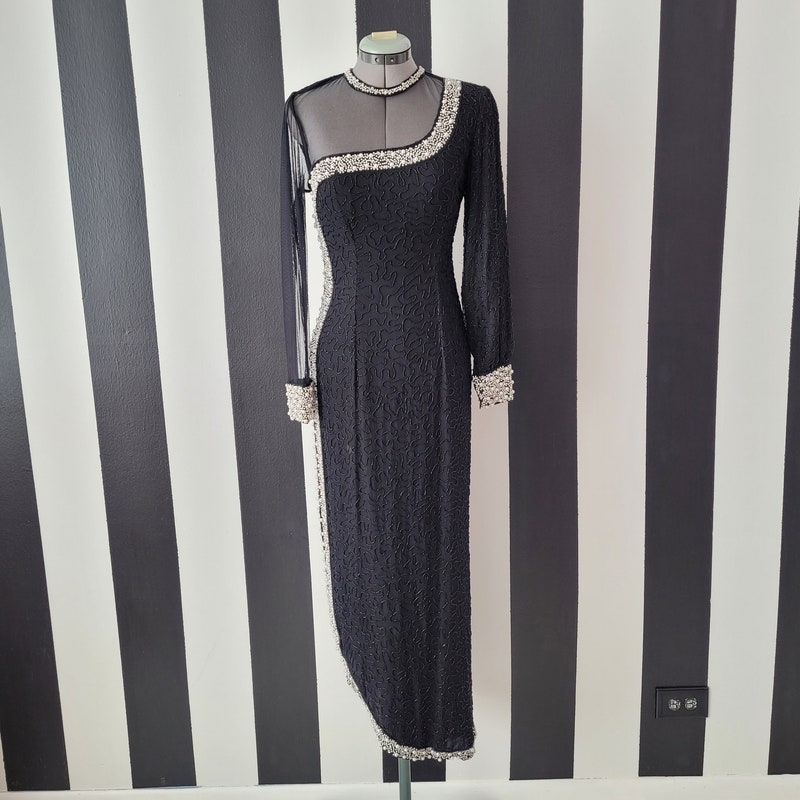 Printed Beaded Long Sleeved Dress