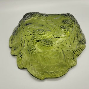 Vintage Indiana glass Depression Glass Candy dish Loganberry bowl Berries and leaves pressed glass Green glass