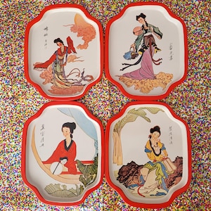 Vintage Action Industries Tin Tray Set - Japanese Geisha Design (1982)