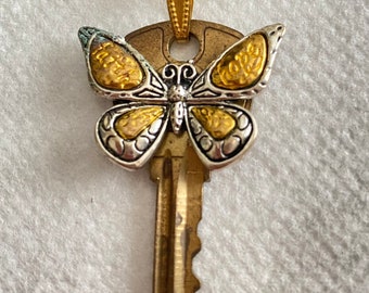 Golden Butterfly Pendant Upcycled Key