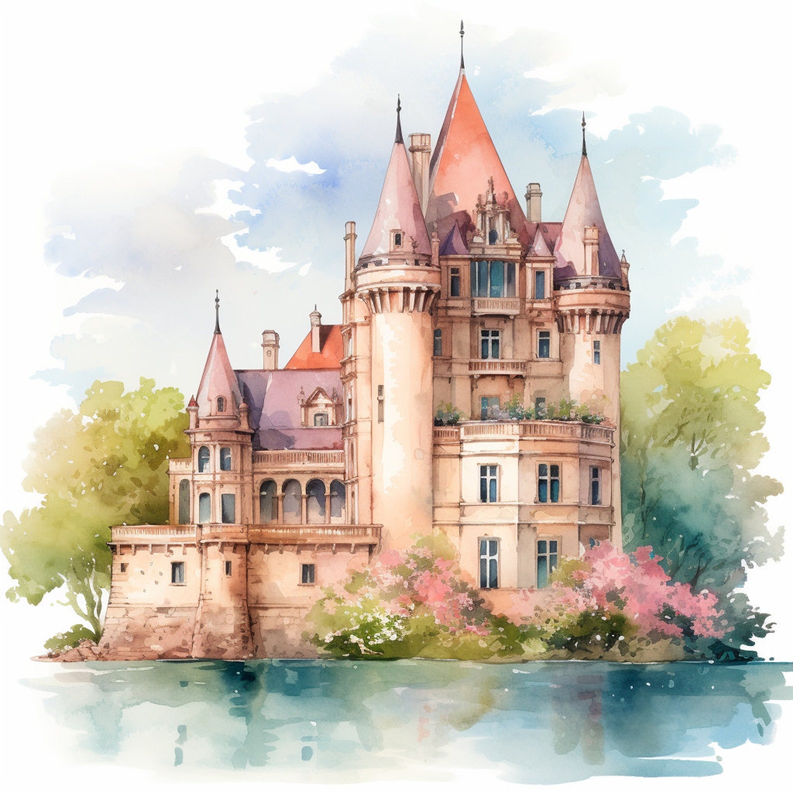 Old French Castle Watercolor Clip Art 4 JPG Mix Media Card Making ...