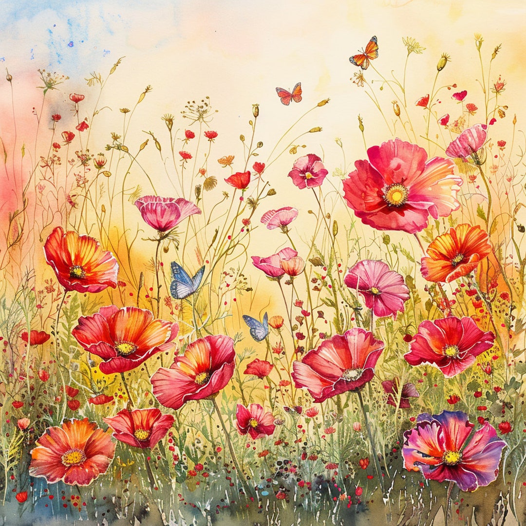 Red Flowers Watercolor Clip Art 4 JPG Mix Media Card Making Invitations ...