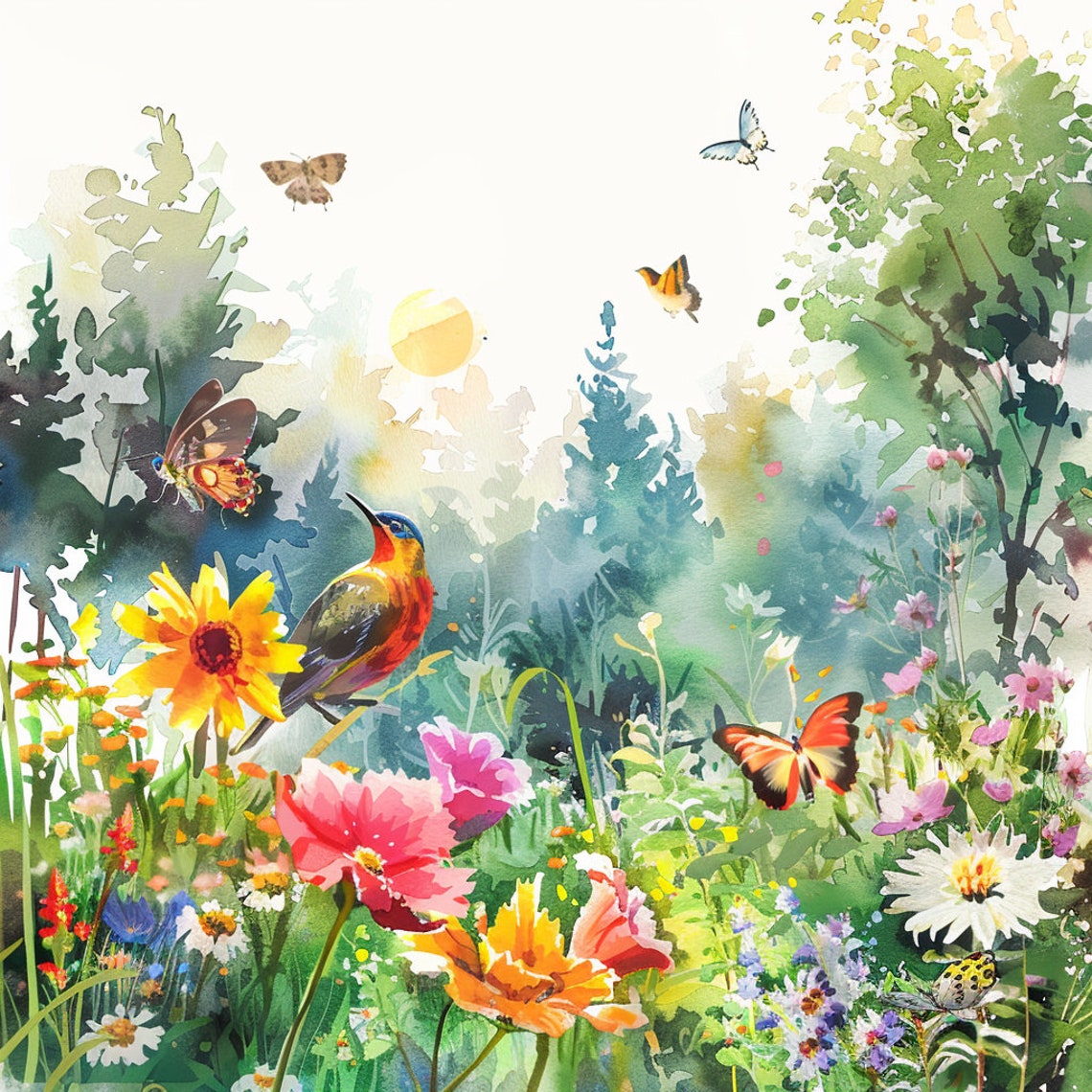 Flower Field Watercolor Clip Art 4 JPG Mix Media Card Making ...