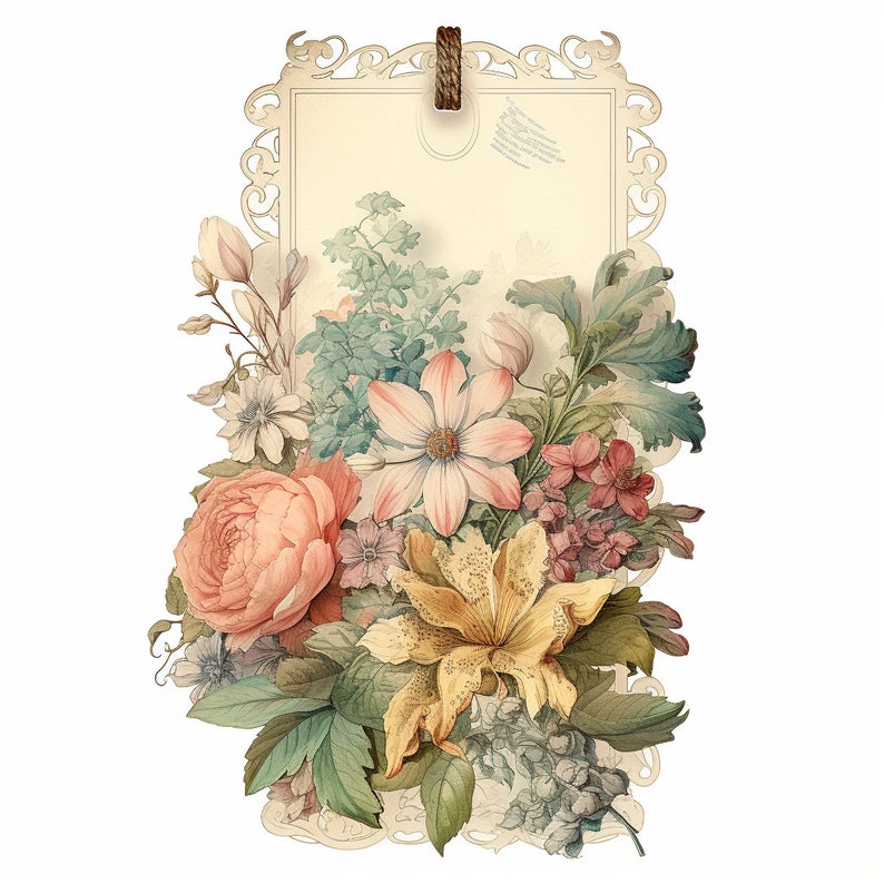 Floral Vintage Tag Watercolor Clip Art 4 JPG Mix Media Card Making ...