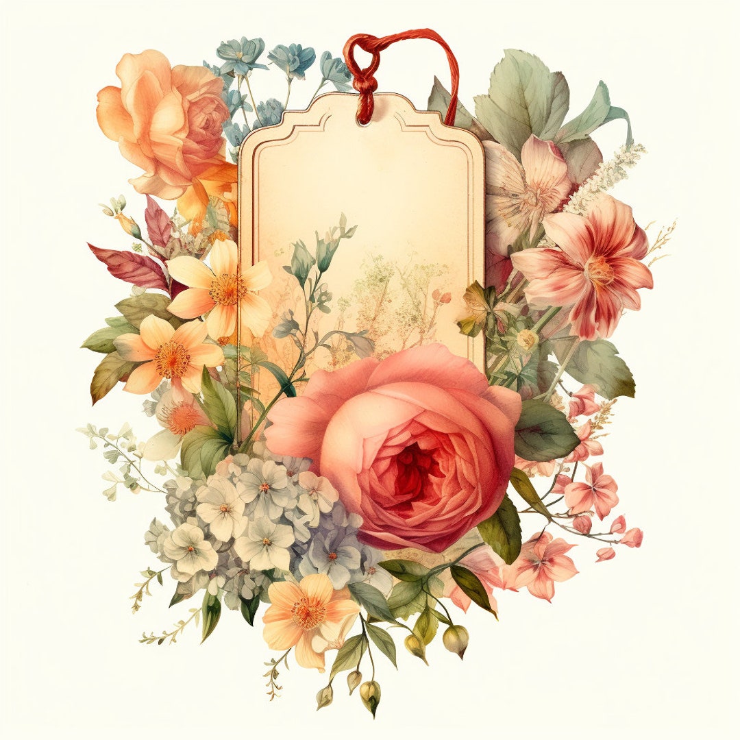 Floral Vintage Tag Watercolor Clip Art 4 JPG Mix Media Card Making ...