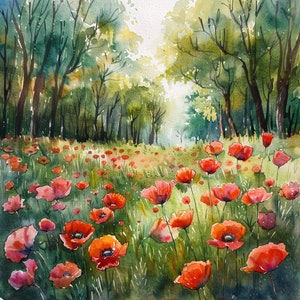 Champ de coquelicots aquarelle clip art 4 JPG techniques mixtes fabrication de cartes Invitations collage journal indésirable papier numérique artisanat scrapbooking 244