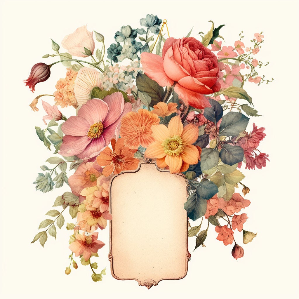 Floral Vintage Tag Watercolor Clip Art 4 JPG Mix Media Card Making ...