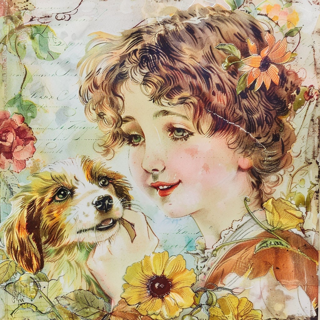 A Girl With a Dog Watercolor Clip Art 4 JPG Mix Media Card Making ...