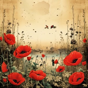 Champ de coquelicots aquarelle clip art 4 JPG technique mixte fabrication de cartes Invitations collage journal indésirable papier numérique artisanat scrapbooking 299