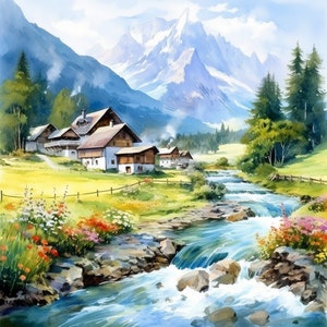 Zwitserse Alpen dorp aquarel illustraties 4 JPG Mix Media kaart maken uitnodigingen Collage ongewenste Journal digitale papier ambachtelijke Bookscrapping - 402