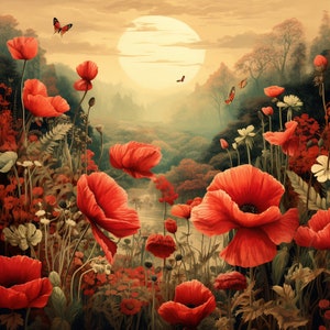 Champ de coquelicots aquarelle clip art 4 JPG technique mixte fabrication de cartes Invitations collage journal indésirable papier numérique artisanat scrapbooking 084