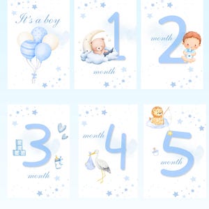 Cartes d'étape mensuelles pour bébé garçon, accessoires photo imprimables pour nouveau-né 1-12 mois en téléchargement numérique pour bébé, livre de souvenirs ou cadeau de douche