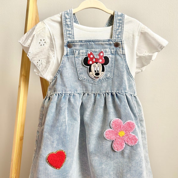 Denim  Dress, Toddler Girls Jean Dress with Patches, Baby Pinafore, Custom Overall Dress, Disney Dress, BARBIE