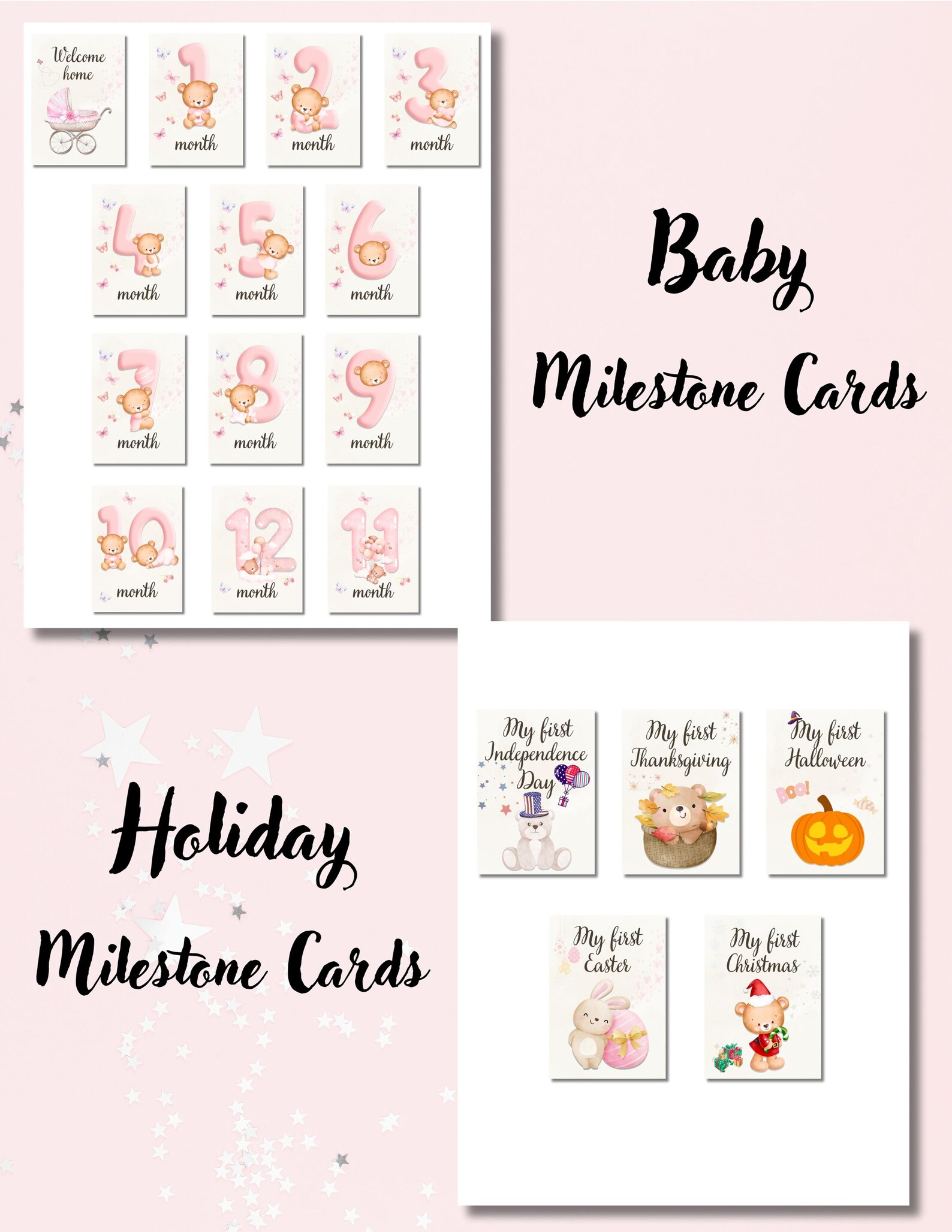 Baby Milestone Cards Printable: Bear Theme, First Holiday Keepsake ...