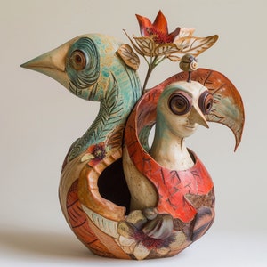 Puede incluir: Una escultura de cerámica de dos pájaros estilizados, uno anidado dentro del otro. El pájaro exterior es turquesa y beige con detalles florales. El pájaro interior es crema y rojo, con ojos grandes y expresivos. Una flor con pétalos naranjas se alza desde la escultura.