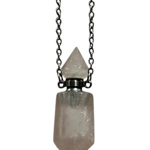 Rose Quartz Perfume Bottle Necklace – Crystal Oil Pendant on Stainless Steel Chain | Beauty, Self-Love & Abundance Spell