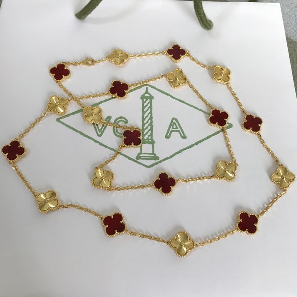 Authentic Van Cleef Vintage Alhambra Necklace 20 Motif 18k Yellow Gold Carnelian necklace