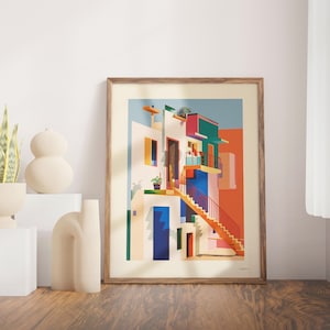 Greece & Spain Travel Poster: Bauhaus Architecture Illustration Print