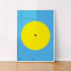 Cartel de Sun Smiley, impresión mínima de arte de pared de sol, decoración geométrica de la habitación, amarillo azul colorido, diseño gráfico, decoración de la habitación fresca, buenas vibraciones