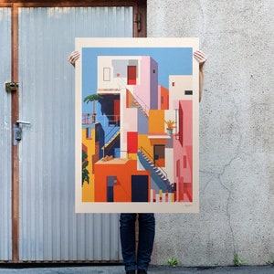 Stampa di architettura astratta, illustrazione murale geometrica in stile Bauhaus, arte astratta moderna, poster minimalista di viaggio in Europa
