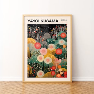 Poster d'arte di Yayoi Kusama, arte murale giapponese ispirata a Yayoi Kusama, stampa di fiori di Kusama, arte murale giapponese astratta, fiori pop art a pois