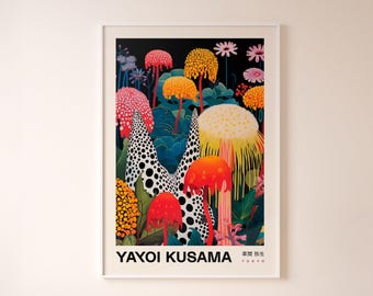 May include: A colorful poster featuring a vibrant abstract floral design by Yayoi Kusama. The poster features a black background with a variety of colorful flowers and mushrooms. The text "Yayoi Kusama" and "Tokyo" is printed in black at the bottom of the poster.