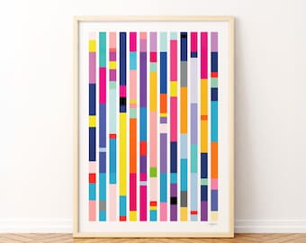 May include: A framed abstract art print featuring vertical bars in a variety of colors, including pink, blue, yellow, and purple. The artwork is displayed in a light wood frame and is set against a white background.