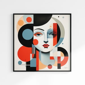 Può includere: Stampa d'arte geometrica astratta con un ritratto stilizzato di una donna con accenti blu e rossi. Il viso della donna è parzialmente oscurato da forme geometriche.