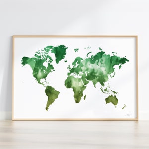 Stampa mappa del mondo ad acquerello, qualità premium, poster mappa del mondo verde, blu, nero, mappa artistica per amanti dei viaggi, poster da parete mappa del mondo ad acquerello