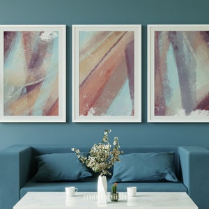 Conjunto de 3 arte de pared imprimible abstracto púrpura, decoración de pared minimalista, arte de pared de descarga digital, conjuntos de artes de pared abstractas en colores pastel suaves