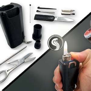 May include: A black multi-tool kit with various attachments, including a knife, scissors, and screwdriver bits. The kit also features a lighter and a bottle opener. A snake logo is visible.