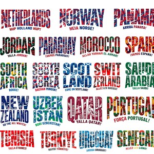 May include: A collection of country names arranged in a grid, each featuring unique, colorful, and intricate patterns filled with cultural symbols and sports motifs. Below each name is a corresponding cheer or slogan in the native language.