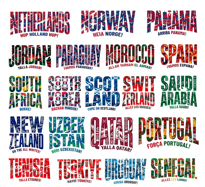 May include: A collection of country names arranged in a grid, each featuring unique, colorful, and intricate patterns filled with cultural symbols and sports motifs. Below each name is a corresponding cheer or slogan in the native language.