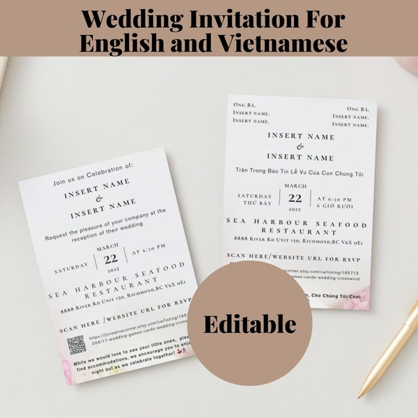Vietnamese Wedding Invitation Combo, Minimal Floral Invitation, Editable Printable Template, Instant Download (English and Vietnamese)