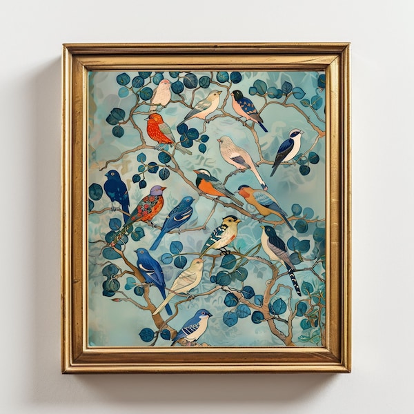 Stampa artistica digitale di uccelli esotici, ispirata a C.F.A. Voysey (download digitale)