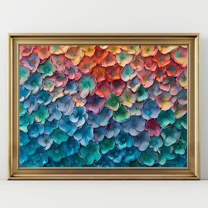 May include: A framed abstract painting featuring a gradient of colors from red to blue. The painting is made up of many small, overlapping flower shapes.