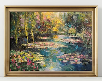 Puede incluir: Una pintura al óleo enmarcada que representa un exuberante bosque verde con un estanque lleno de nenúfares. El agua es de un azul y verde vibrantes, y los nenúfares son rosados y blancos. El bosque está lleno de árboles y follaje, y el sol brilla a través de las hojas.