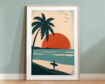 Surf Beach Art Print: Palm Tree, Morning Surf (Digital Download)