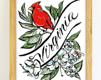 Virginia State Art Print  |  Cardinal Art Print  |  Cardinal + Dogwood  |  State Bird & State Flower