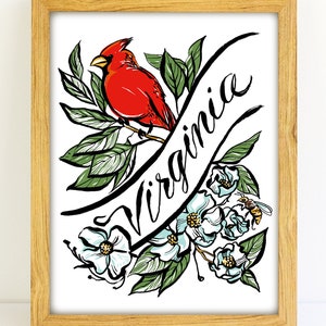 Virginia State Art Print | Cardinal, Dogwood & Honeybee