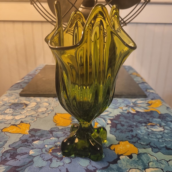 1960's Green Viking Swung Glass Vase or Candy dish   7 inch tall and has original sticker