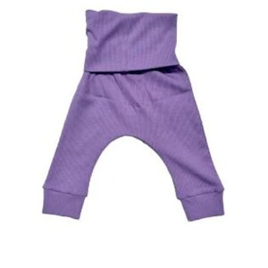 May include: Lavender-colored baby pants with a ribbed texture. The pants have a wide, folded waistband and fitted cuffs at the ankles. The design is simple and comfortable, suitable for infants and toddlers.