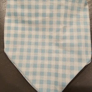 May include: A light blue bandana with a white gingham pattern.