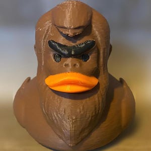 May include: A brown rubber duck with a long brown beard and a black eyebrow. The duck has an orange beak and is looking straight ahead.