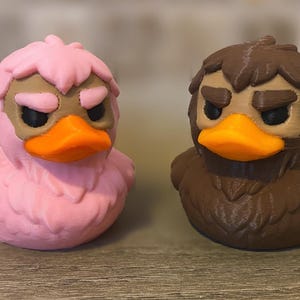May include: Two decorative duck figurines. One is pink with a tan face and an orange beak. The other is brown with a tan face and an orange beak. Both have a stern expression and are designed to look like owls.
