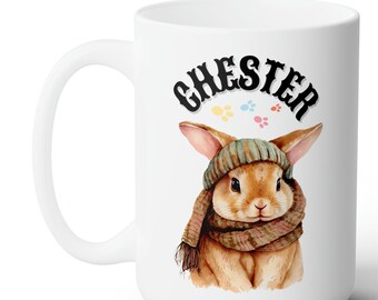 coffee mug, rabbit mug, 15 ounce mug, personalized mug, simple mug, white mug